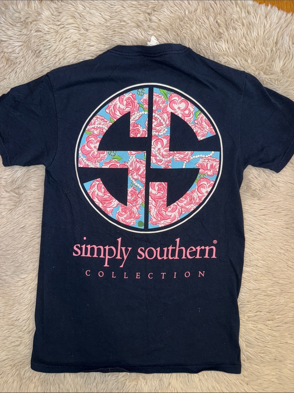 Simply Southern Navy Tee with Pink Floral Logo and Light Blue Accents Size small